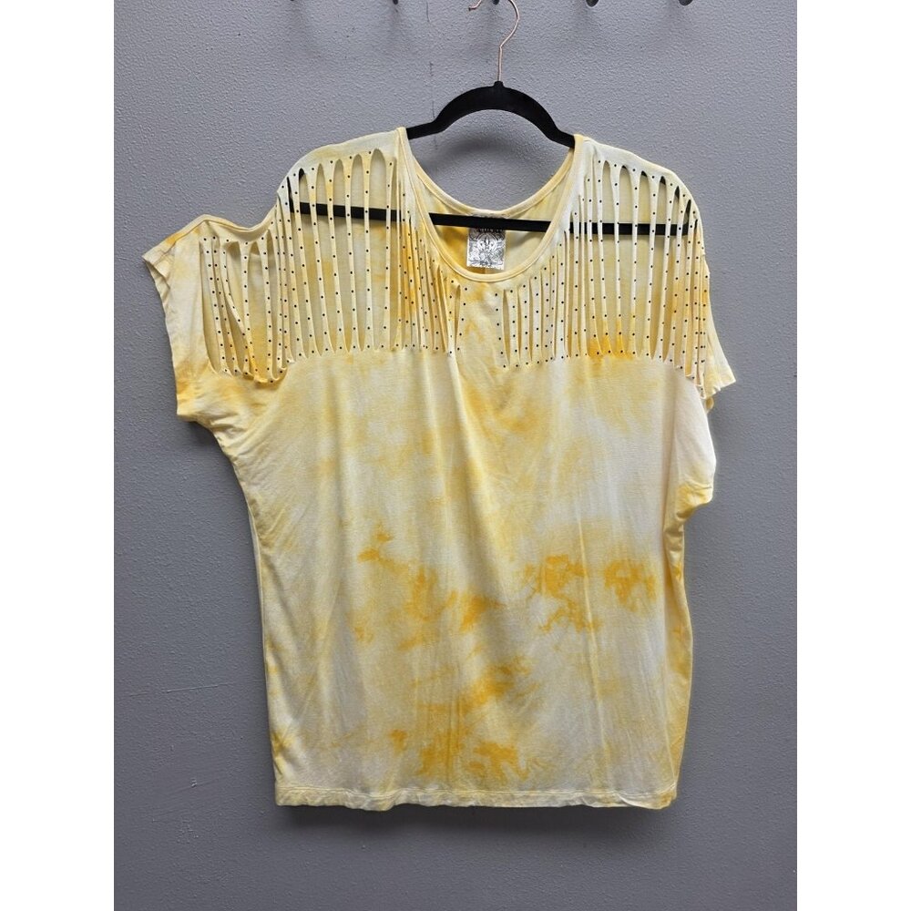 Vocal Shirt Womens XL Tie Dye Cutout Studded Boho Festival Rayon Spandex Top
